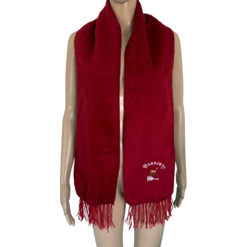 Huancayo Peru Alpaca Wool Scarf Red Fringe Holiday Christmas Soft Winter Cozy